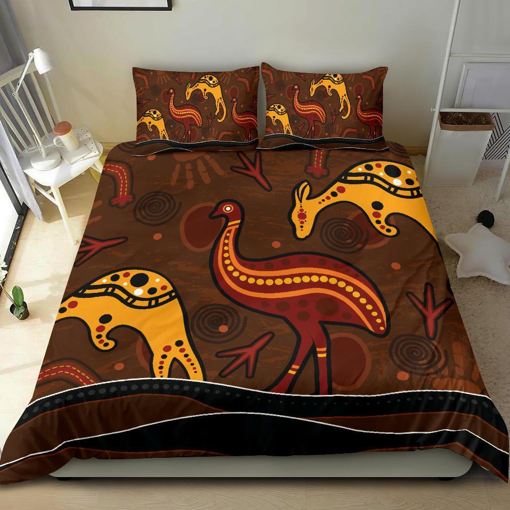 Aboriginal Bedding Set - Indigenous Kangaroo and Emu Brown Color