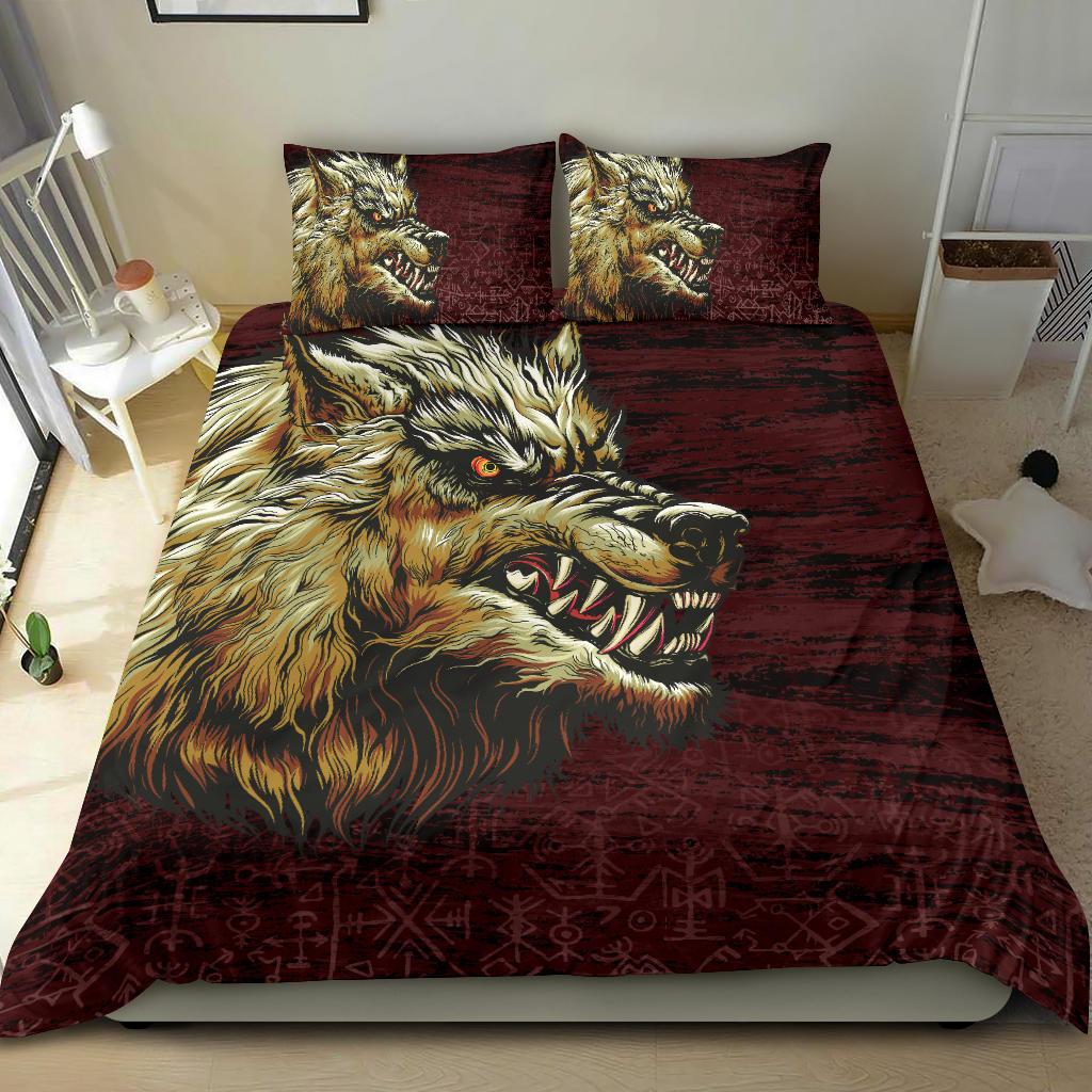 Viking Bedding Set Fenrir On The Blood Moon Background