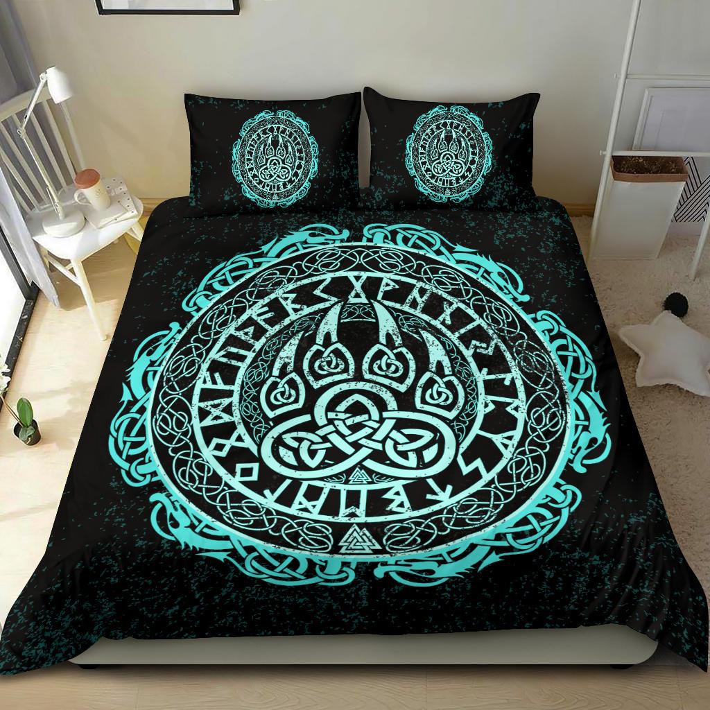 Viking Bedding Set Viking Bear Claws Cyan Tattoo