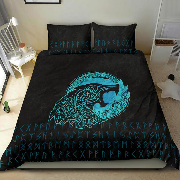 Viking Bedding Set Fenrir Wolf Cyan