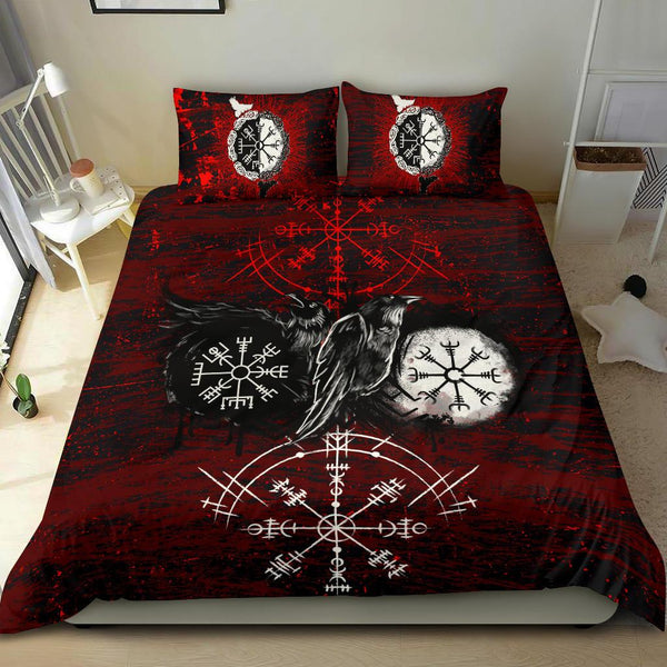 Viking Bedding Set Raven of Odin and Symbol Viking on Blood Background