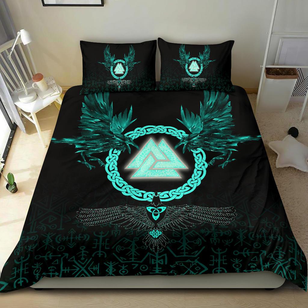 Viking Bedding Set Three Raven and Valknut Cyan