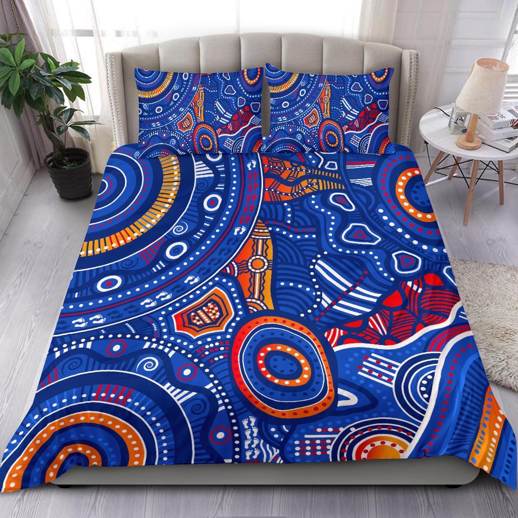 Aboriginal Bedding Set - Indigenous Footprint Patterns Blue Color