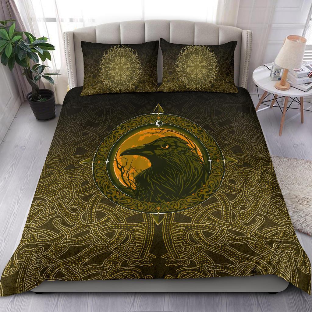 Viking Bedding Set Ethnic Odin Raven Gold