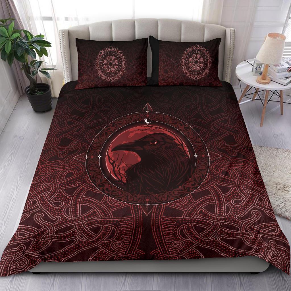 Viking Bedding Set Ethnic Odin Raven Red