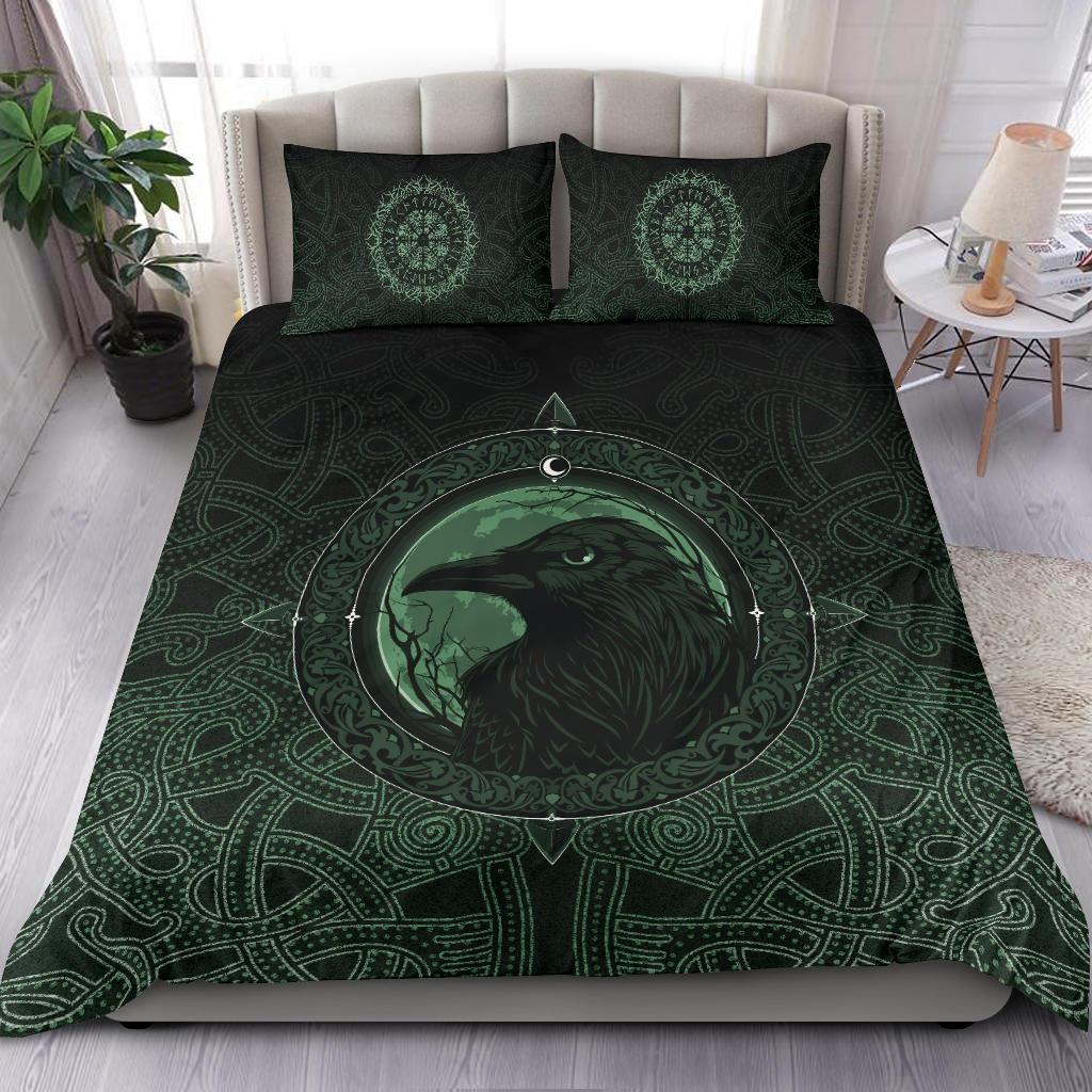 Viking Bedding Set Ethnic Odin Raven Green