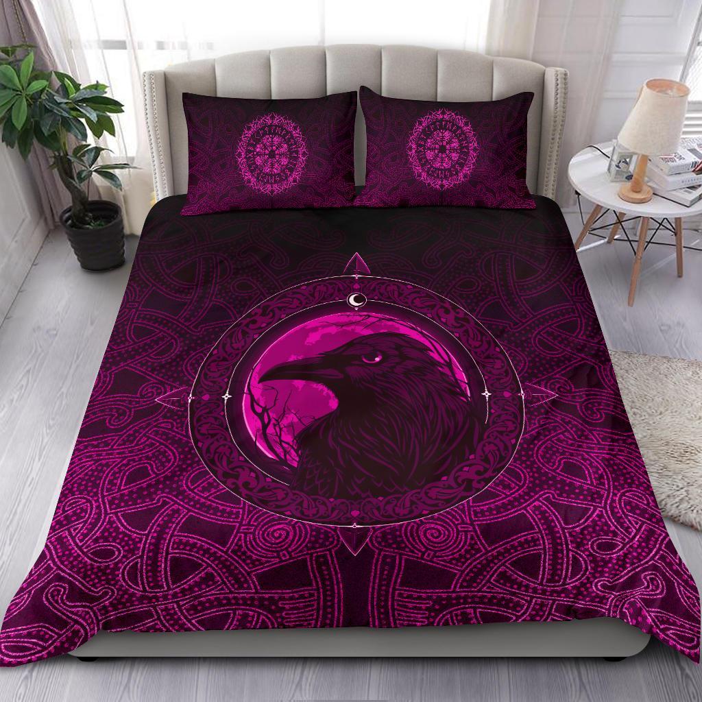 Viking Bedding Set Ethnic Odin Raven Pink