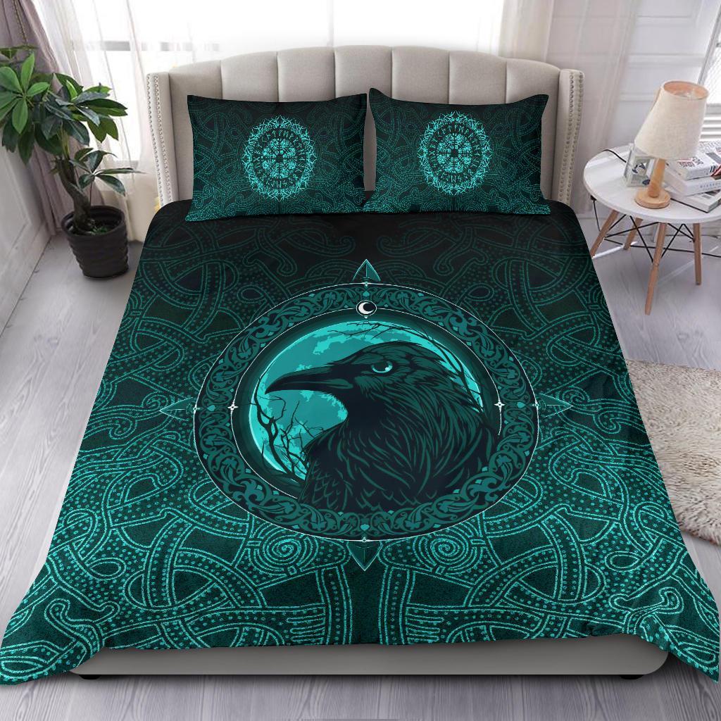 Viking Bedding Set Ethnic Odin Raven Cyan