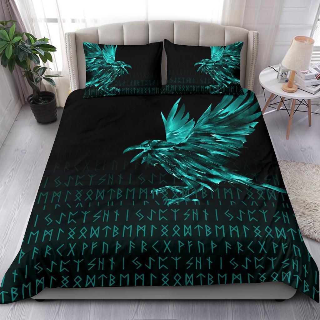 Viking Bedding Set The Raven Of Odin Rune Cyan Style