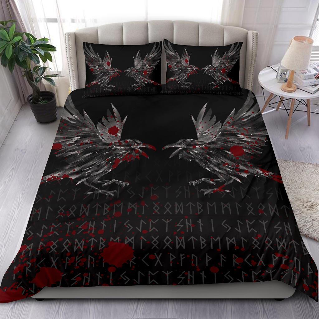 Viking Bedding Set Odin Huginn and Muninn Rune Blood