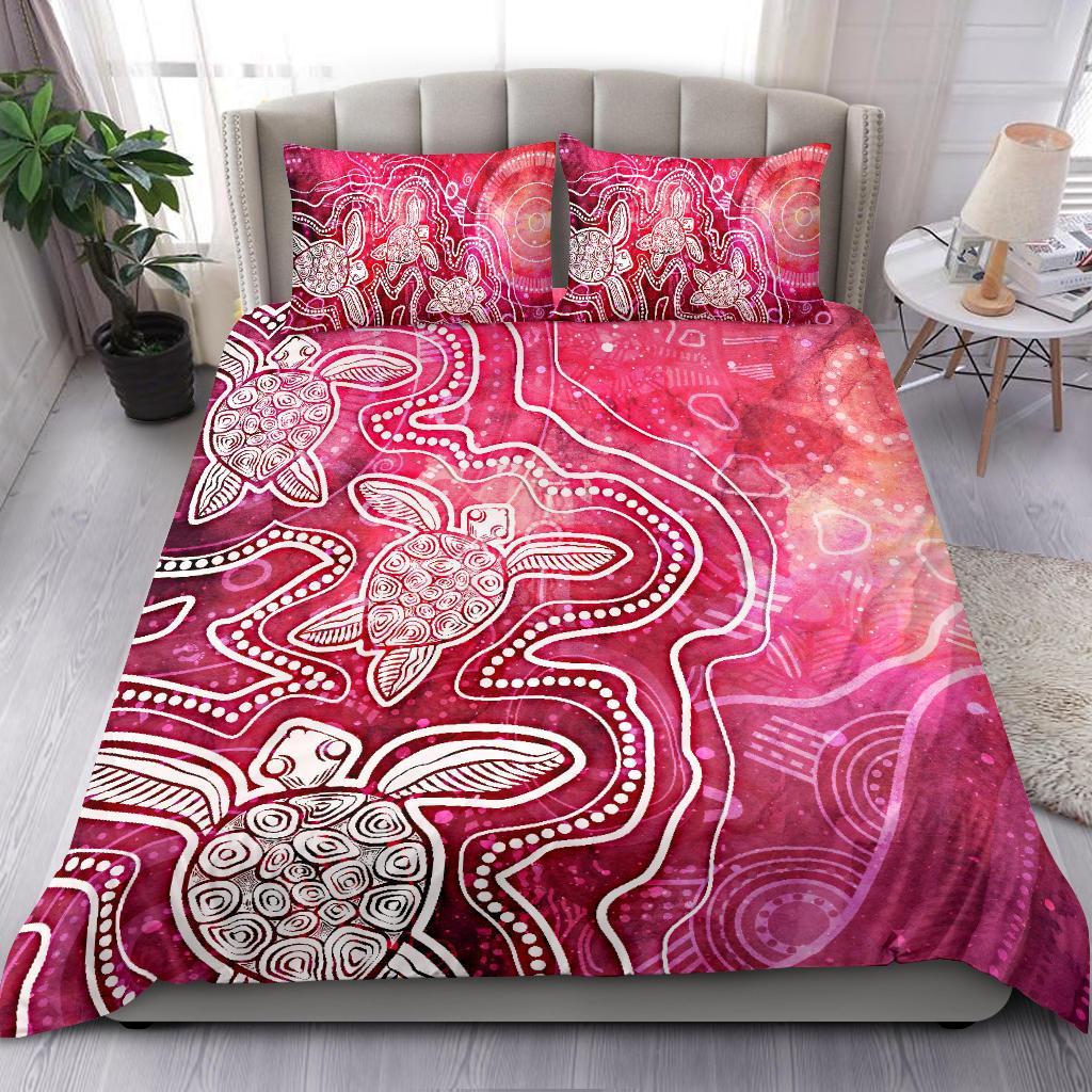 Aboriginal Bedding Set - Sea Turtle With Indigenous Patterns (Pink)