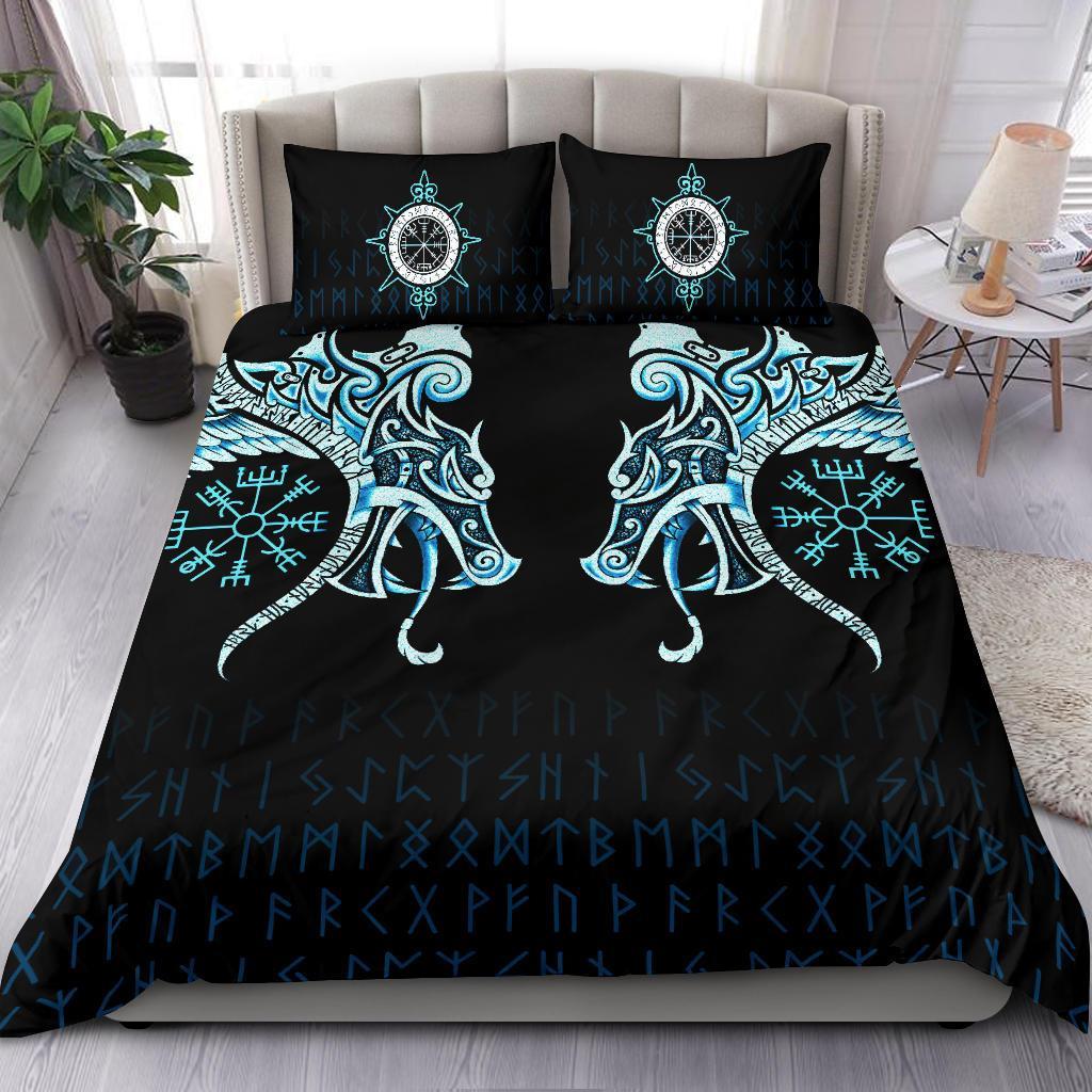 Viking Bedding Set Fenrir Raven And Vegvisir Tattoo Cyan