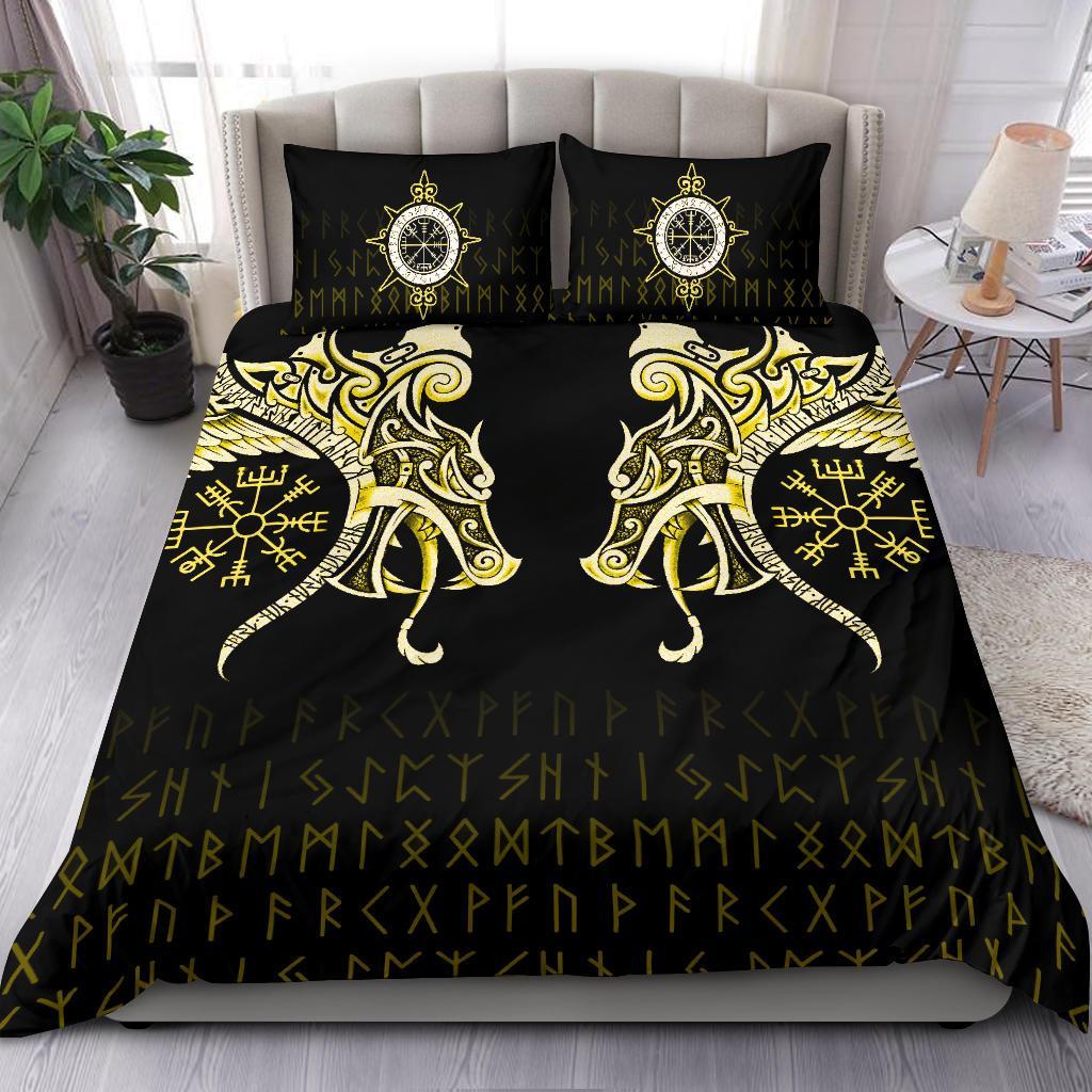 Viking Bedding Set Fenrir Raven And Vegvisir Tattoo Yellow