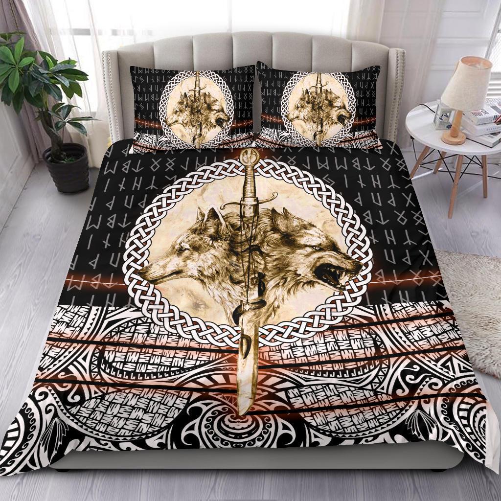 Viking Bedding Set Wolf and Vikings Tattoo 3D