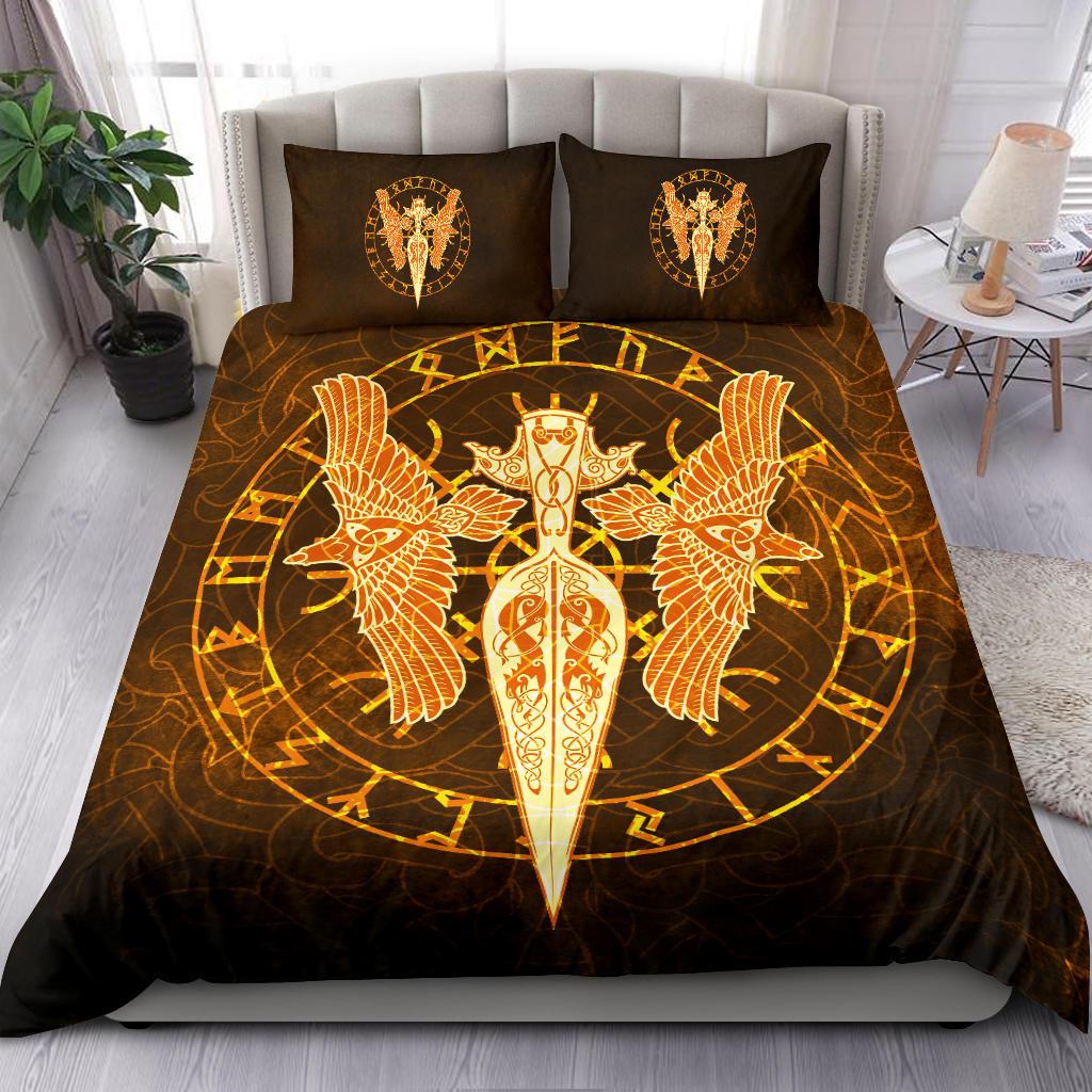 Viking Bedding Set Gold Spear Of The God Odin Gungnir And Two Gold Ravens