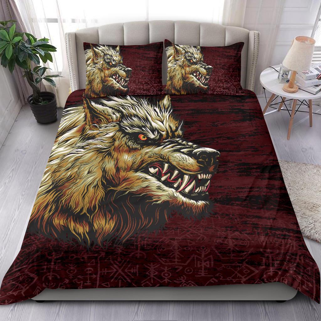 Viking Bedding Set Fenrir On The Blood Moon Background