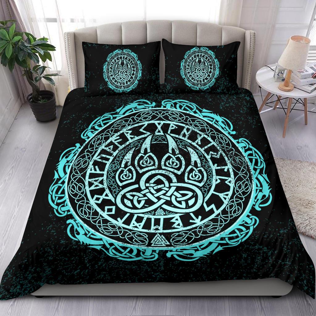 Viking Bedding Set Viking Bear Claws Cyan Tattoo