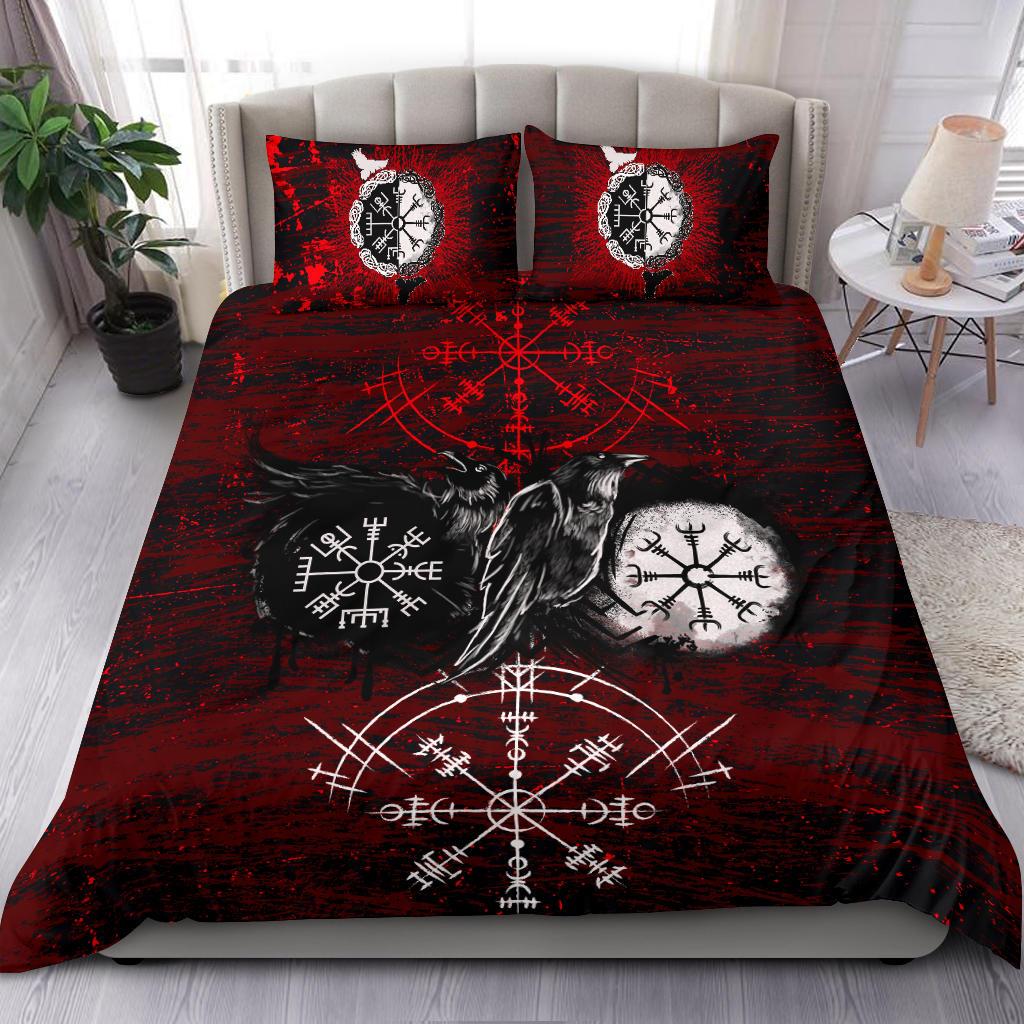 Viking Bedding Set Raven of Odin and Symbol Viking on Blood Background