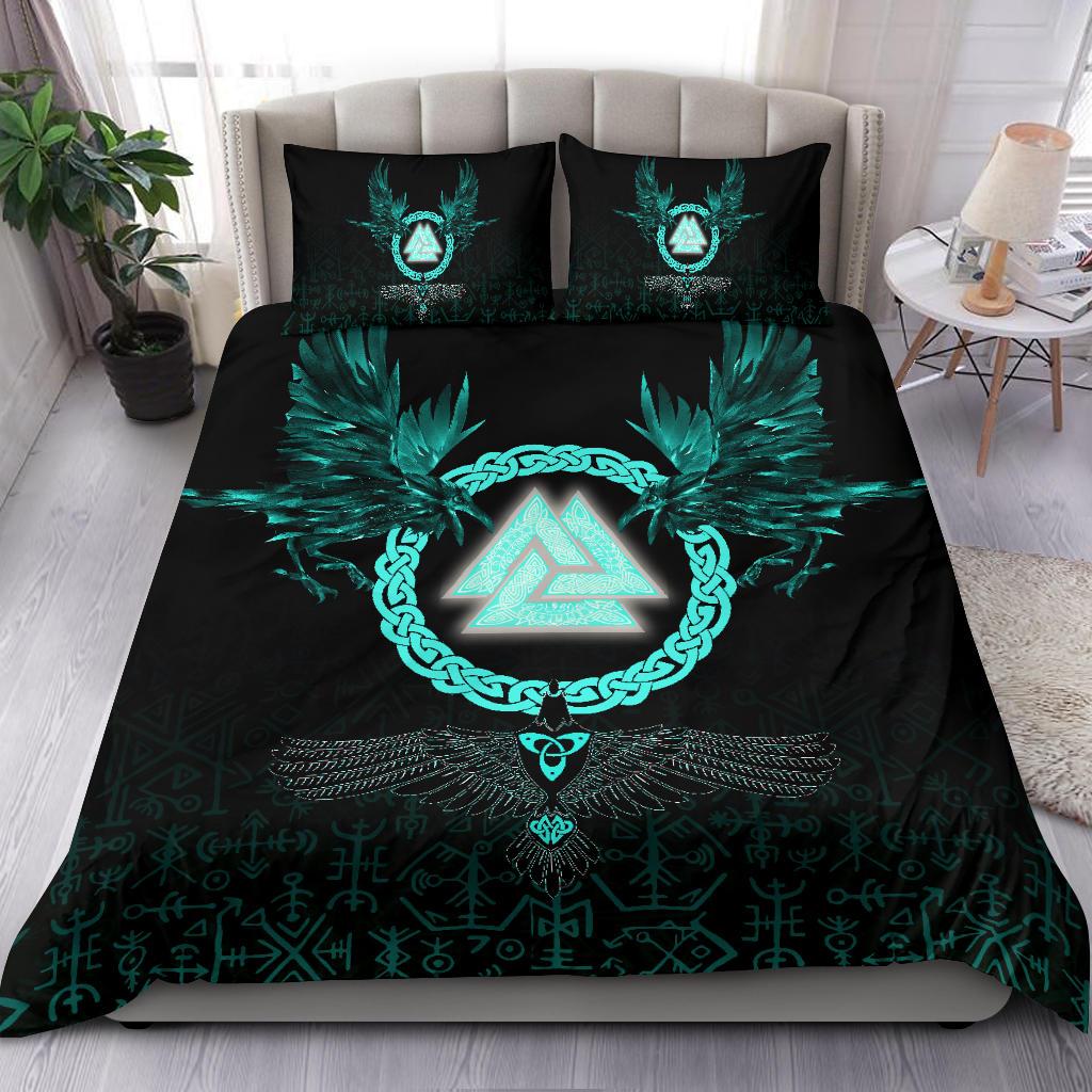 Viking Bedding Set Three Raven and Valknut Cyan