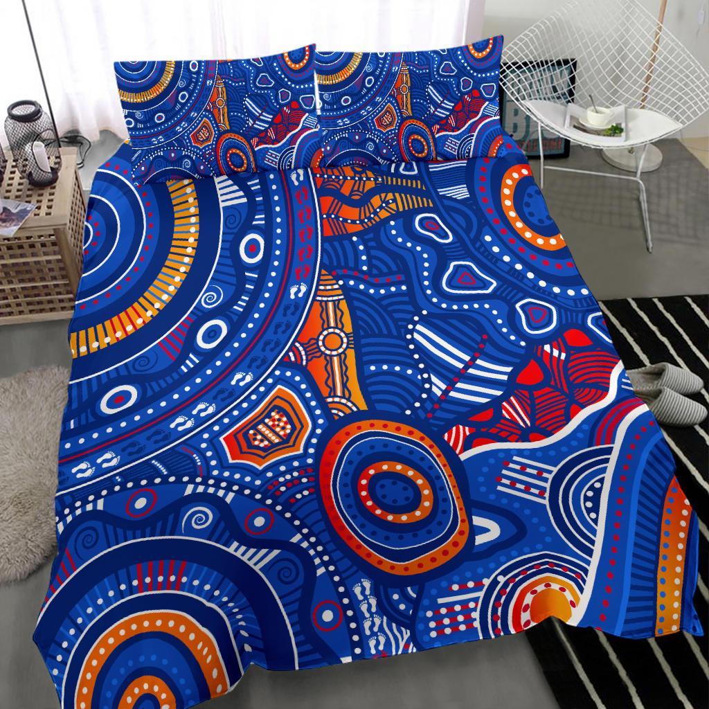 Aboriginal Bedding Set - Indigenous Footprint Patterns Blue Color