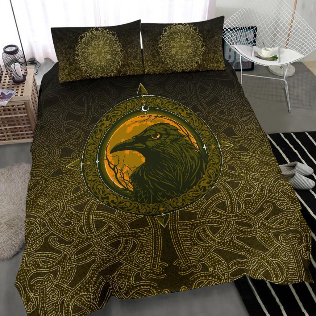 Viking Bedding Set Ethnic Odin Raven Gold