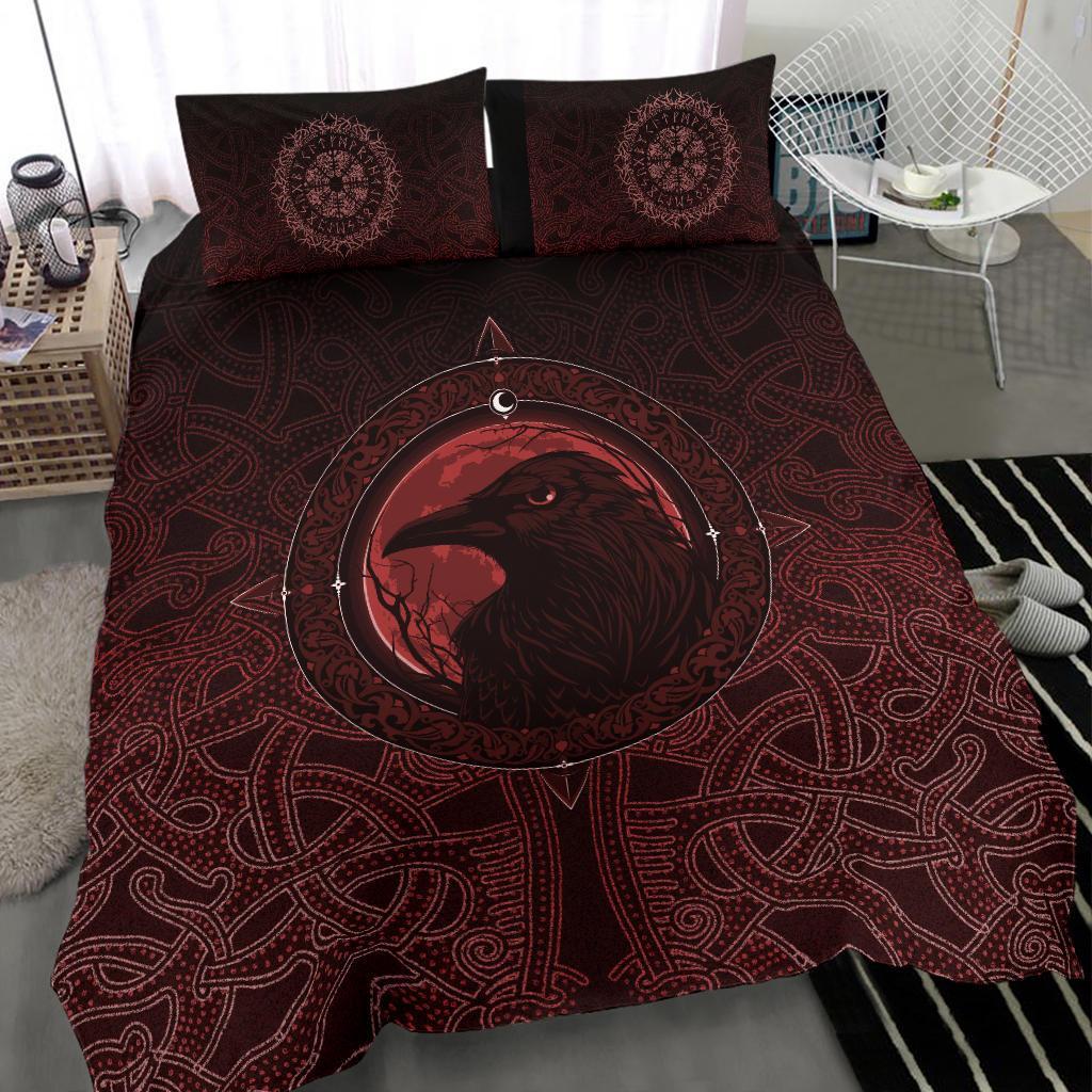 Viking Bedding Set Ethnic Odin Raven Red