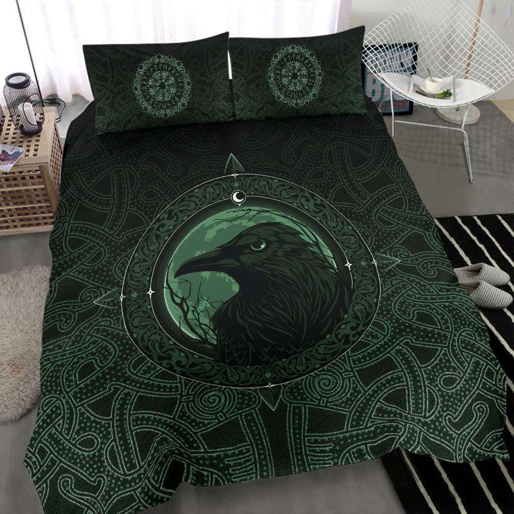 Viking Bedding Set Ethnic Odin Raven Green