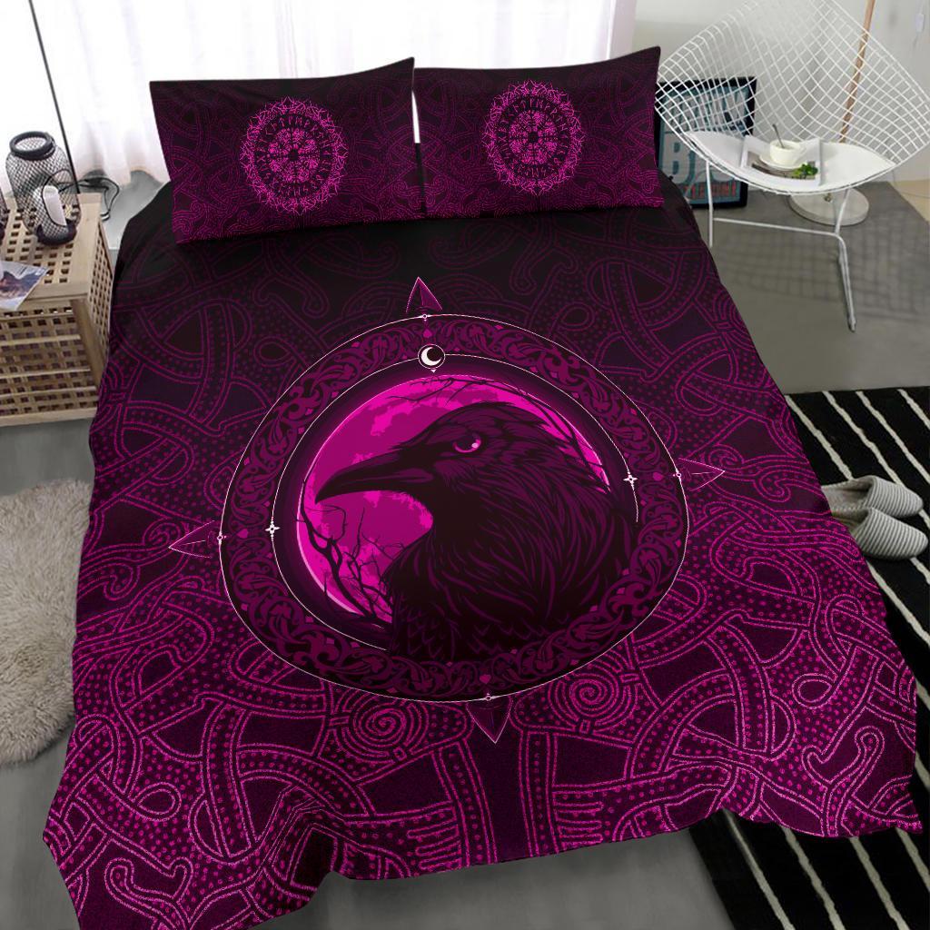 Viking Bedding Set Ethnic Odin Raven Pink