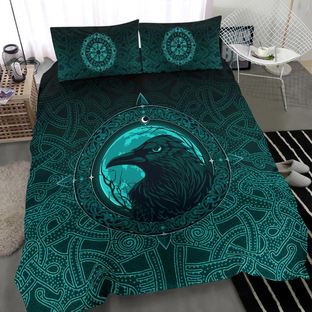 Viking Bedding Set Ethnic Odin Raven Cyan