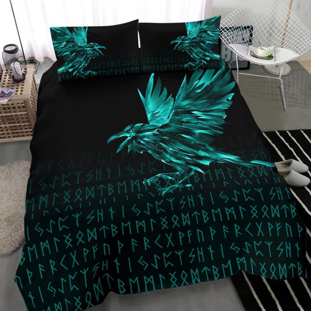 Viking Bedding Set The Raven Of Odin Rune Cyan Style