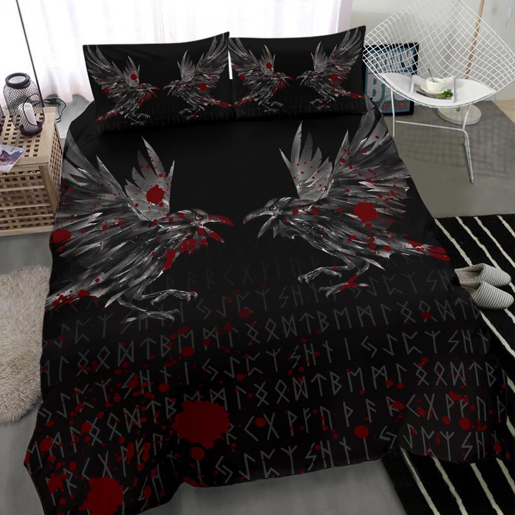 Viking Bedding Set Odin Huginn and Muninn Rune Blood