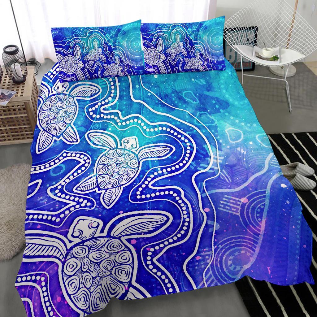 Aboriginal Bedding Set - Sea Turtle With Indigenous Patterns (Blue)
