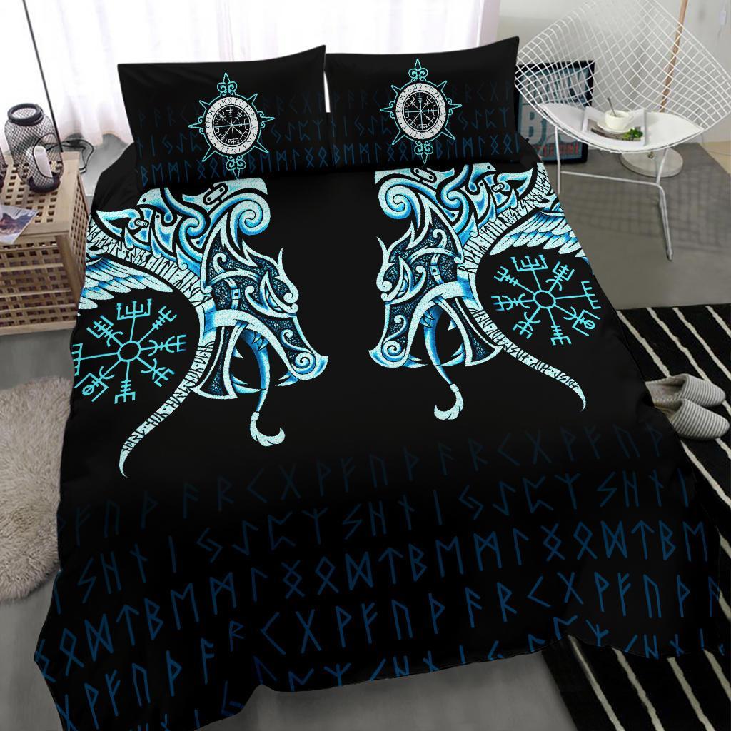 Viking Bedding Set Fenrir Raven And Vegvisir Tattoo Cyan