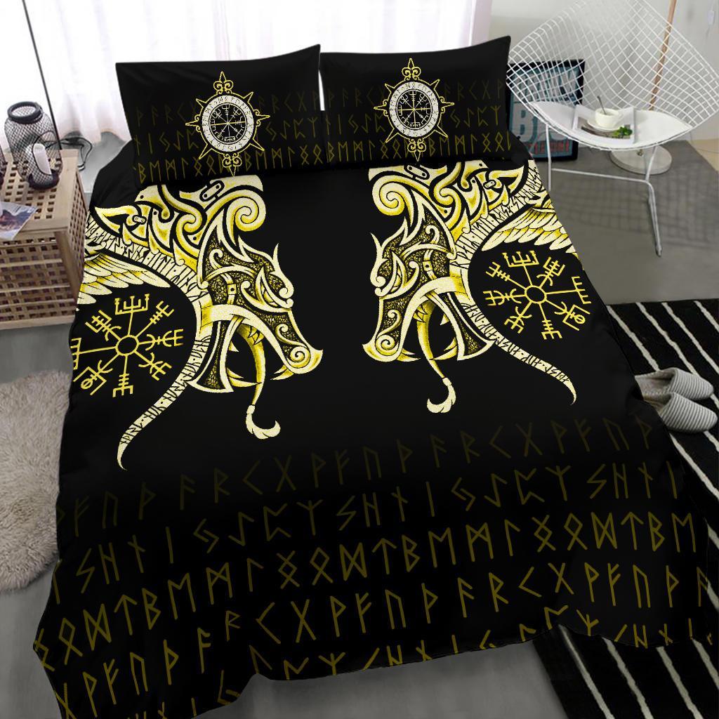 Viking Bedding Set Fenrir Raven And Vegvisir Tattoo Yellow