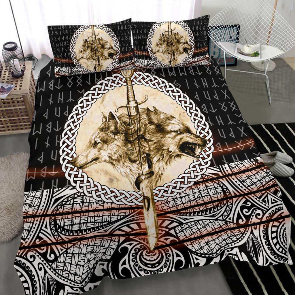 Viking Bedding Set Wolf and Vikings Tattoo 3D