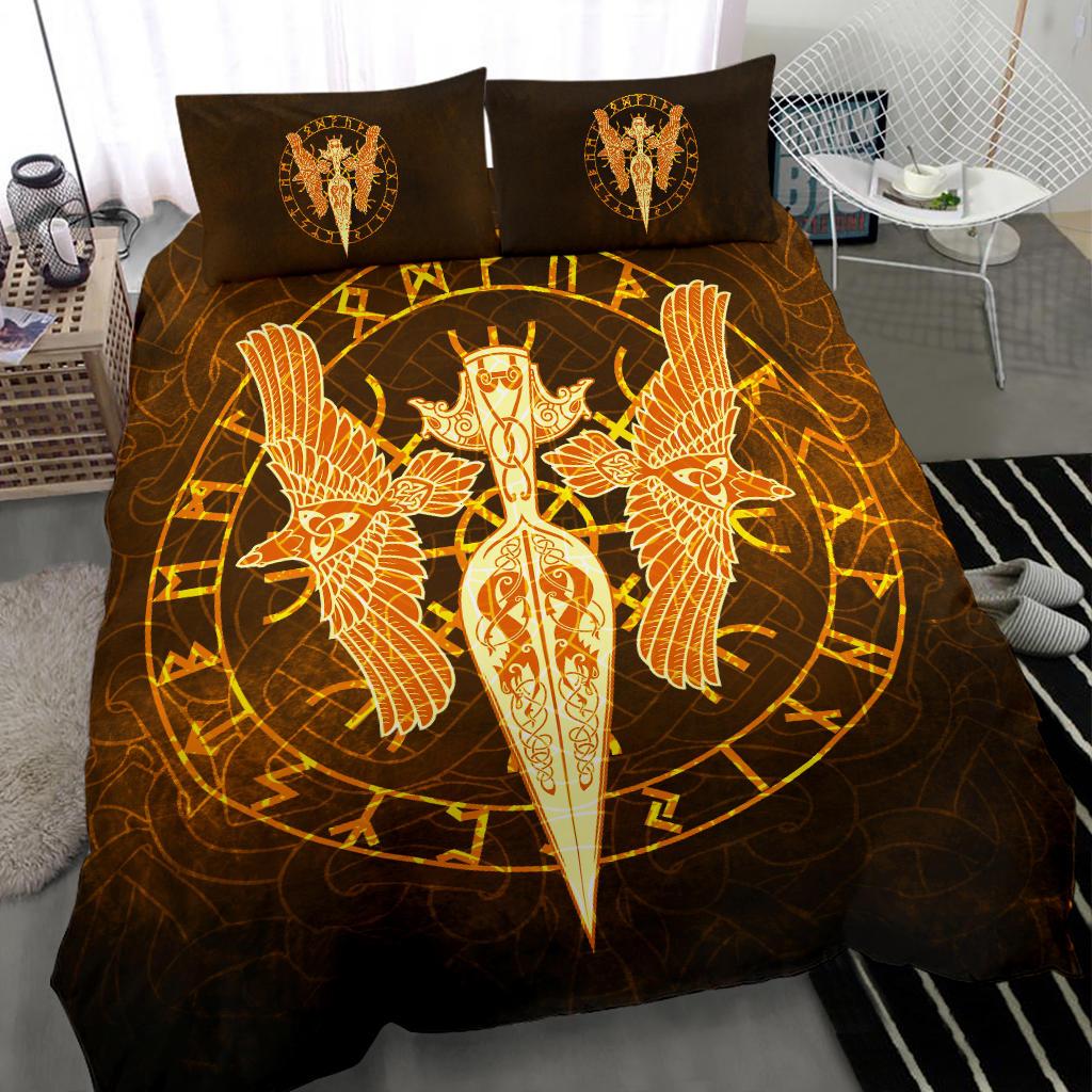 Viking Bedding Set Gold Spear Of The God Odin Gungnir And Two Gold Ravens