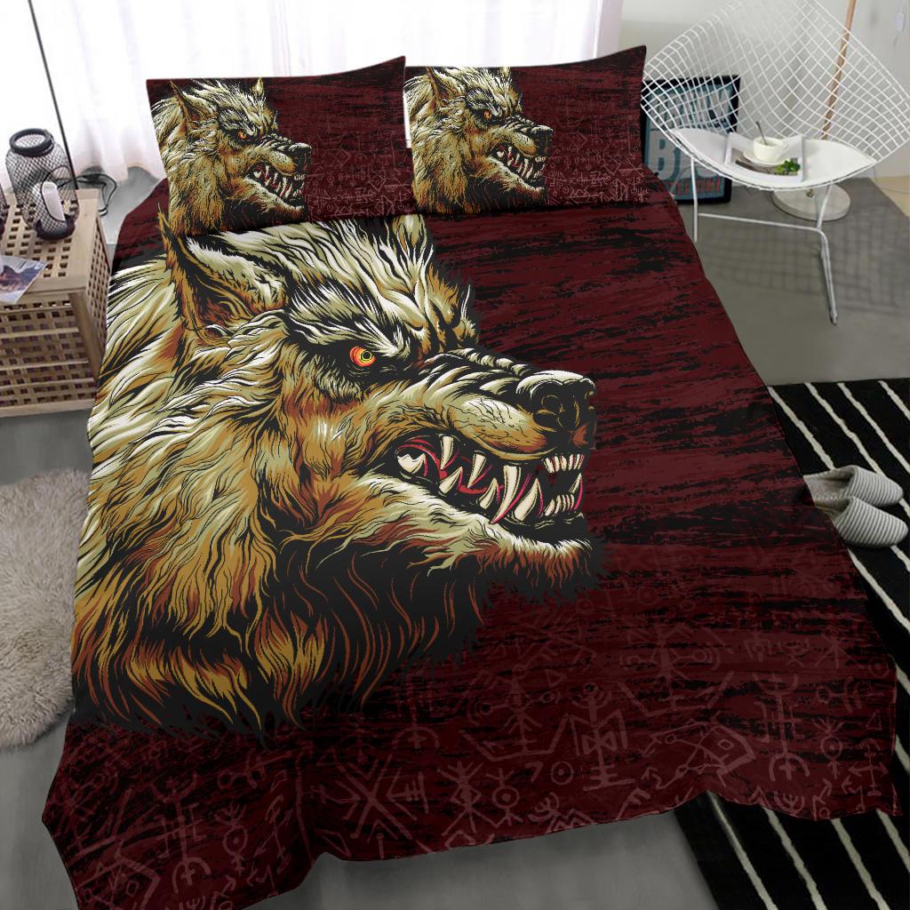 Viking Bedding Set Fenrir On The Blood Moon Background