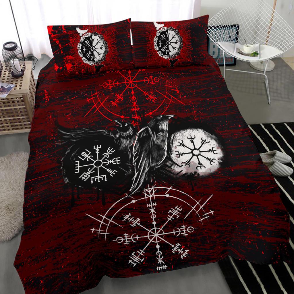 Viking Bedding Set Raven of Odin and Symbol Viking on Blood Background