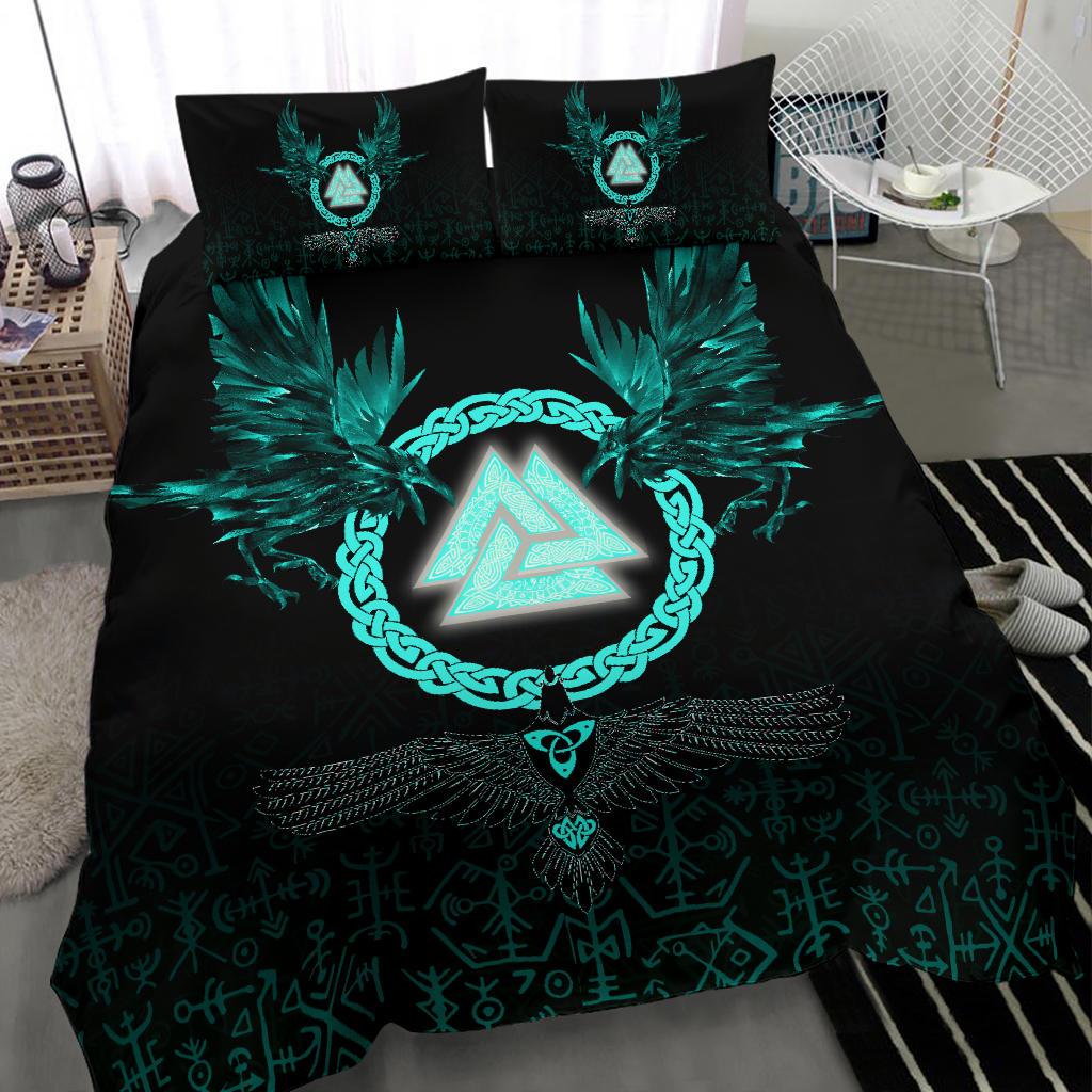 Viking Bedding Set Three Raven and Valknut Cyan