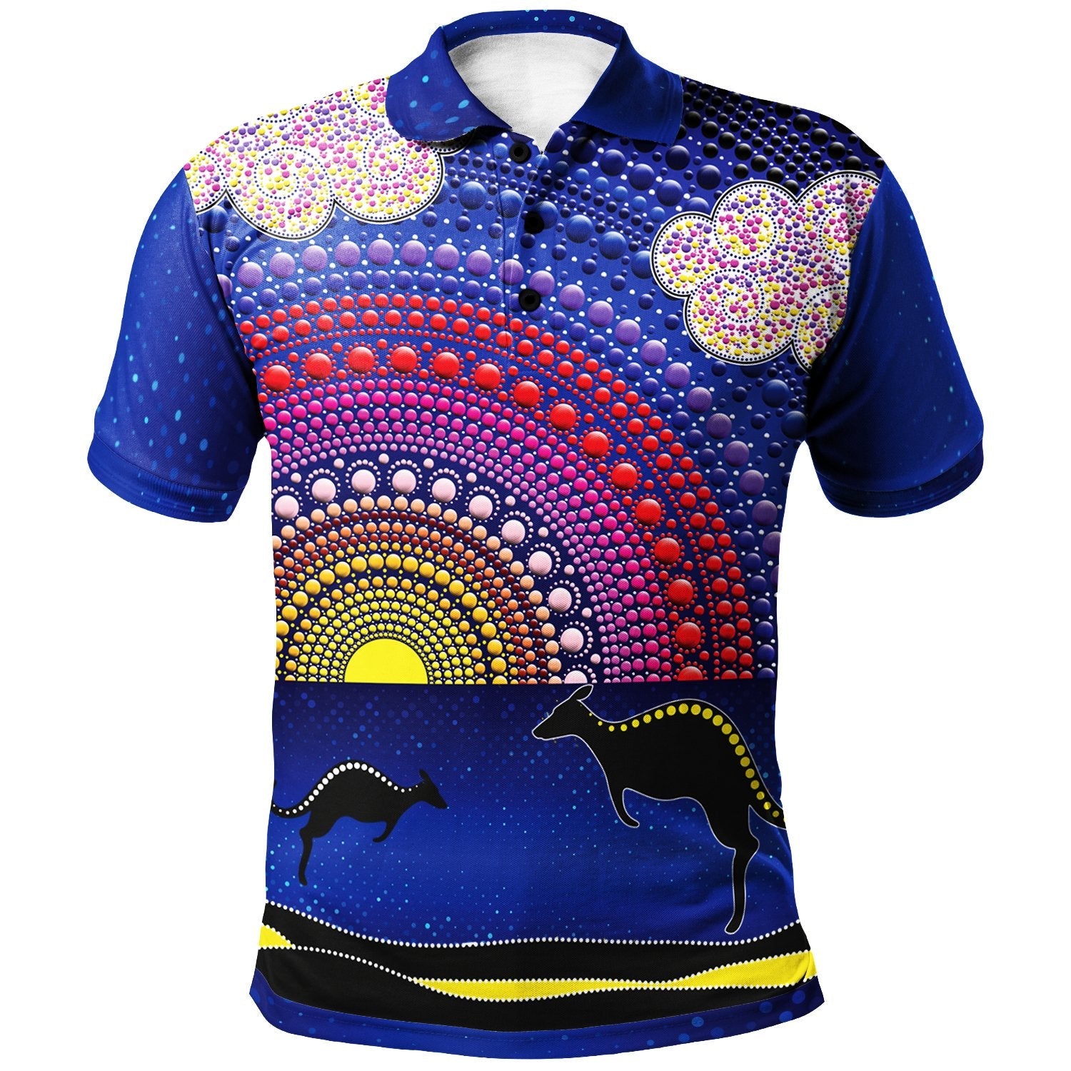 Aboriginal Polo - Sunset Over The Sea And Kangaroo Dot Painting Polo Shirt
