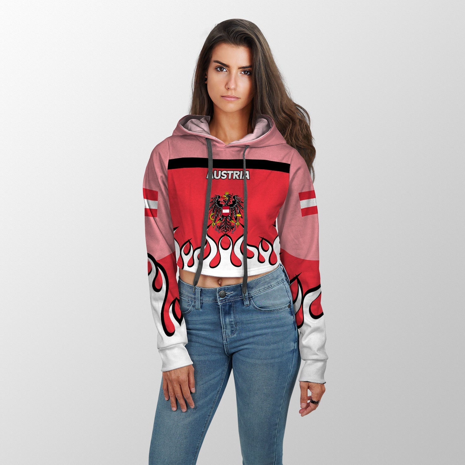 Austria Crop Hoodie Flag & Coat Of Arms Fire Hockey Style