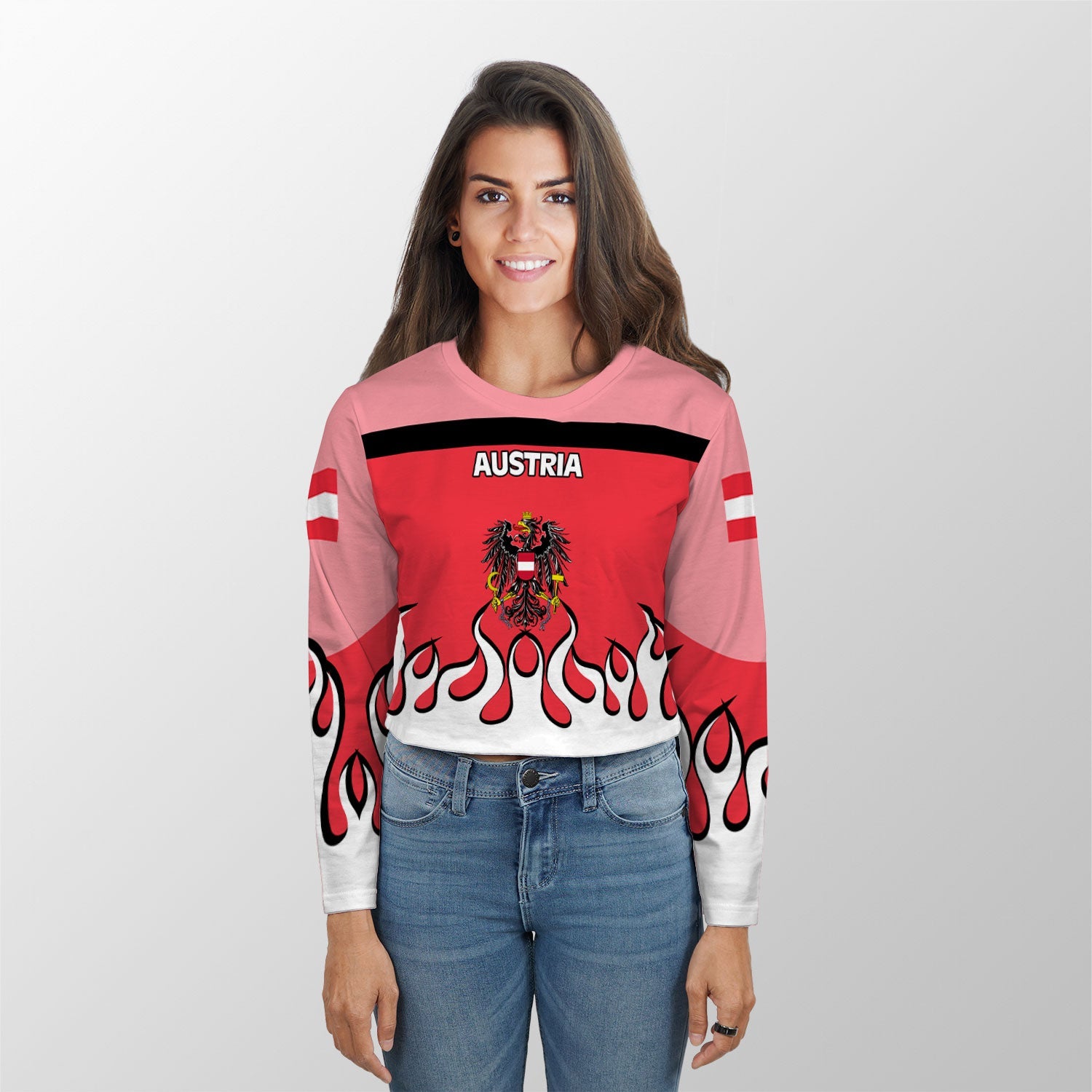 Austria Crop Top Long TShirt Flag & Coat Of Arms Fire Hockey Style