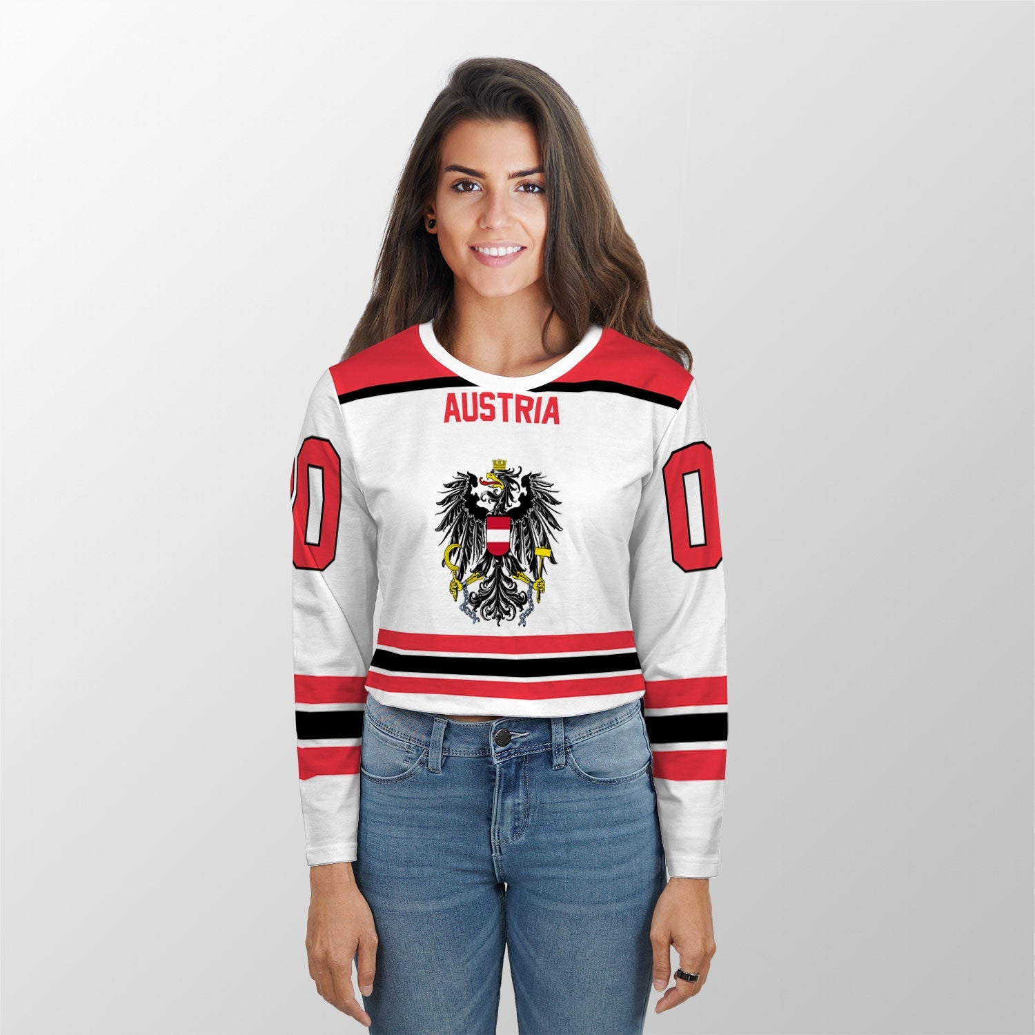 Austria Crop Top Long T Shirt Flag & Coat Of Arms Hockey Style