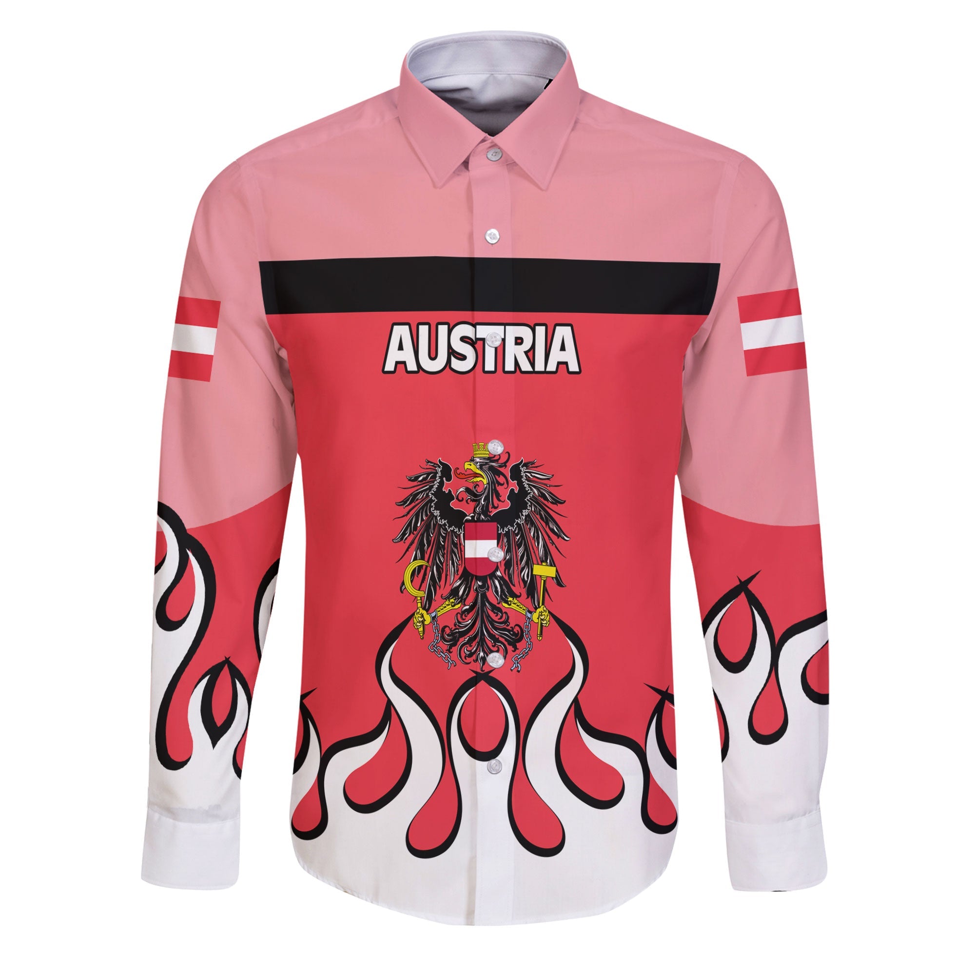 Austria Long Sleeve Button Shirt Flag & Coat Of Arms Fire Hockey Style