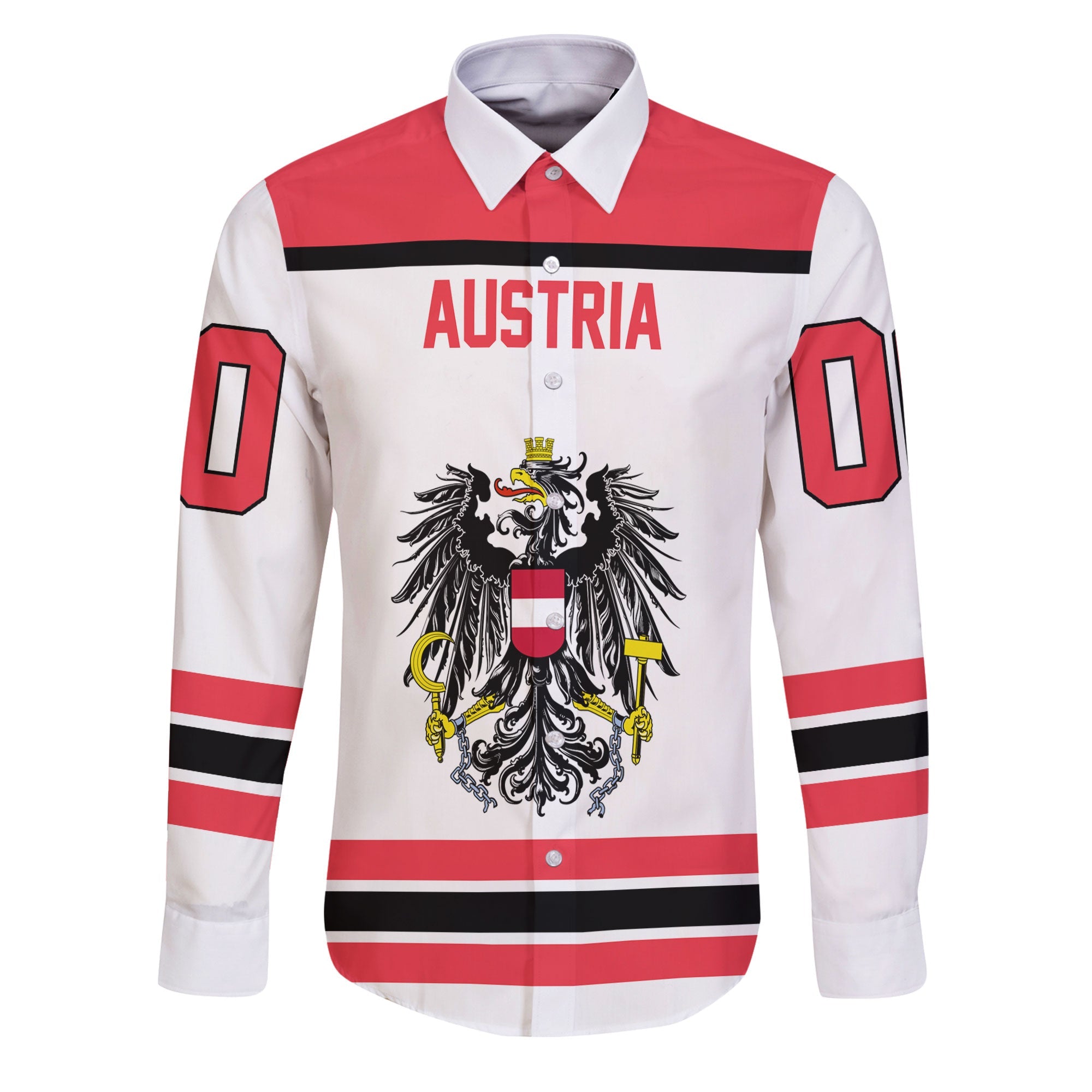 Austria Long Sleeve Button Shirt Flag & Coat Of Arms Hockey Style