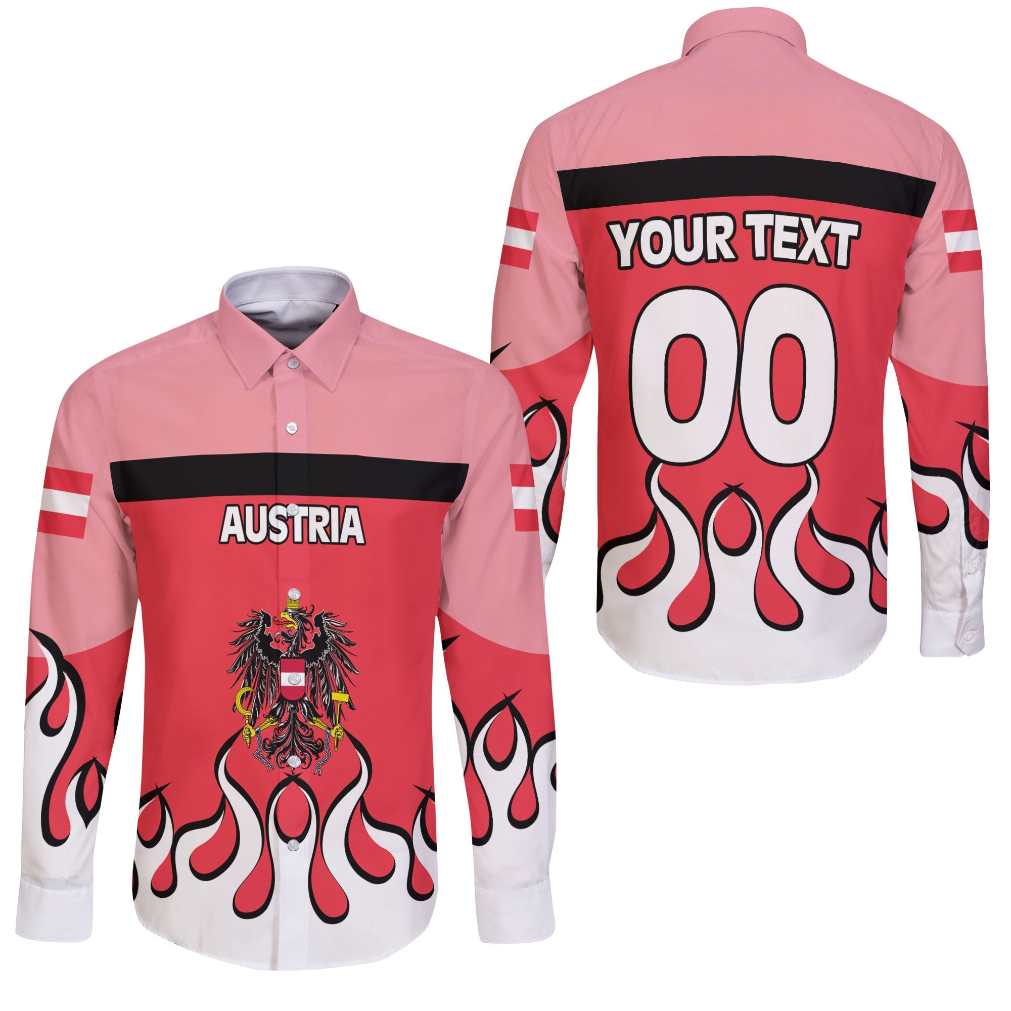 Austria Long Sleeve Button Shirt Flag & Coat Of Arms Fire Hockey Style