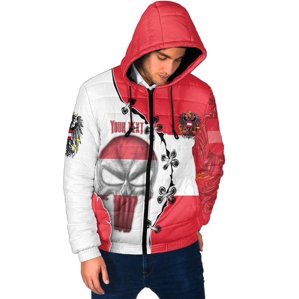 Austria Men Hooded Padded Jacket Flag & Coat Of Arms Skull Style