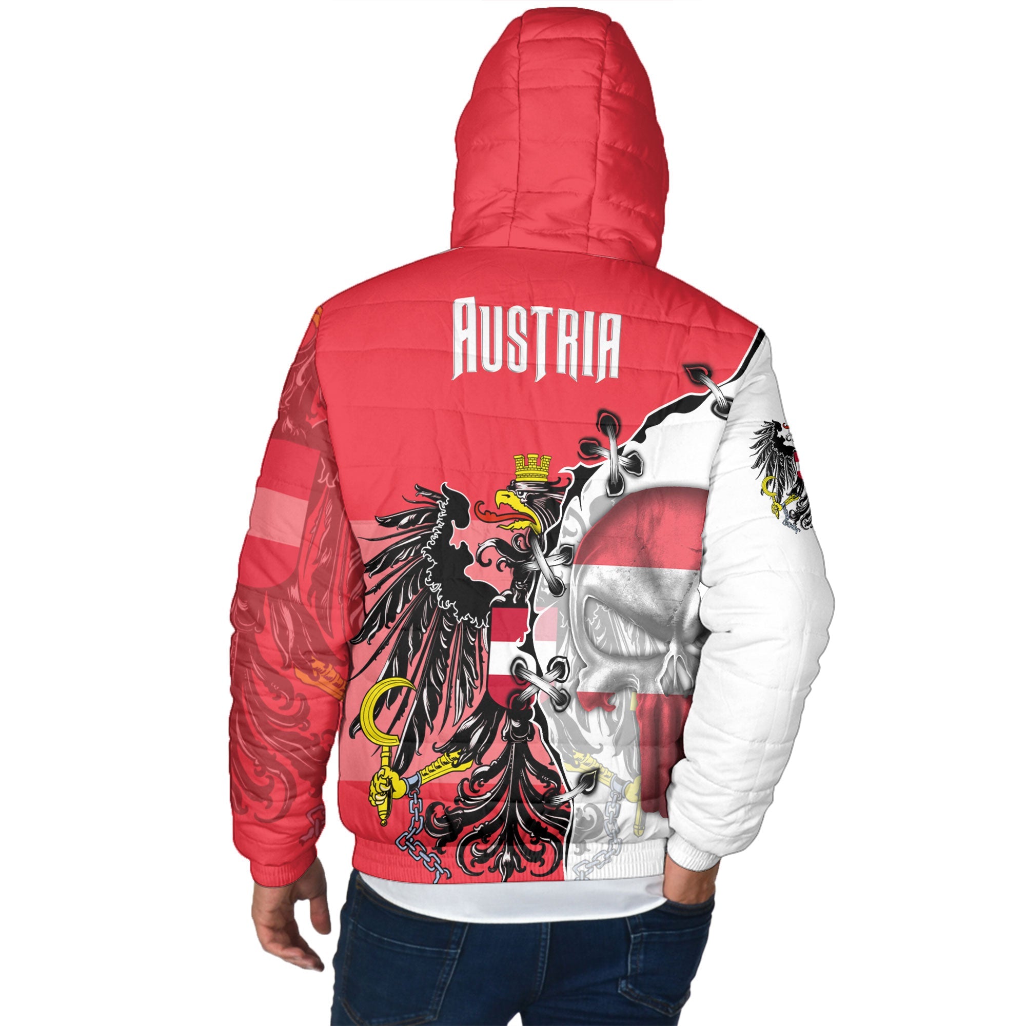 Austria Men Hooded Padded Jacket Flag & Coat Of Arms Skull Style