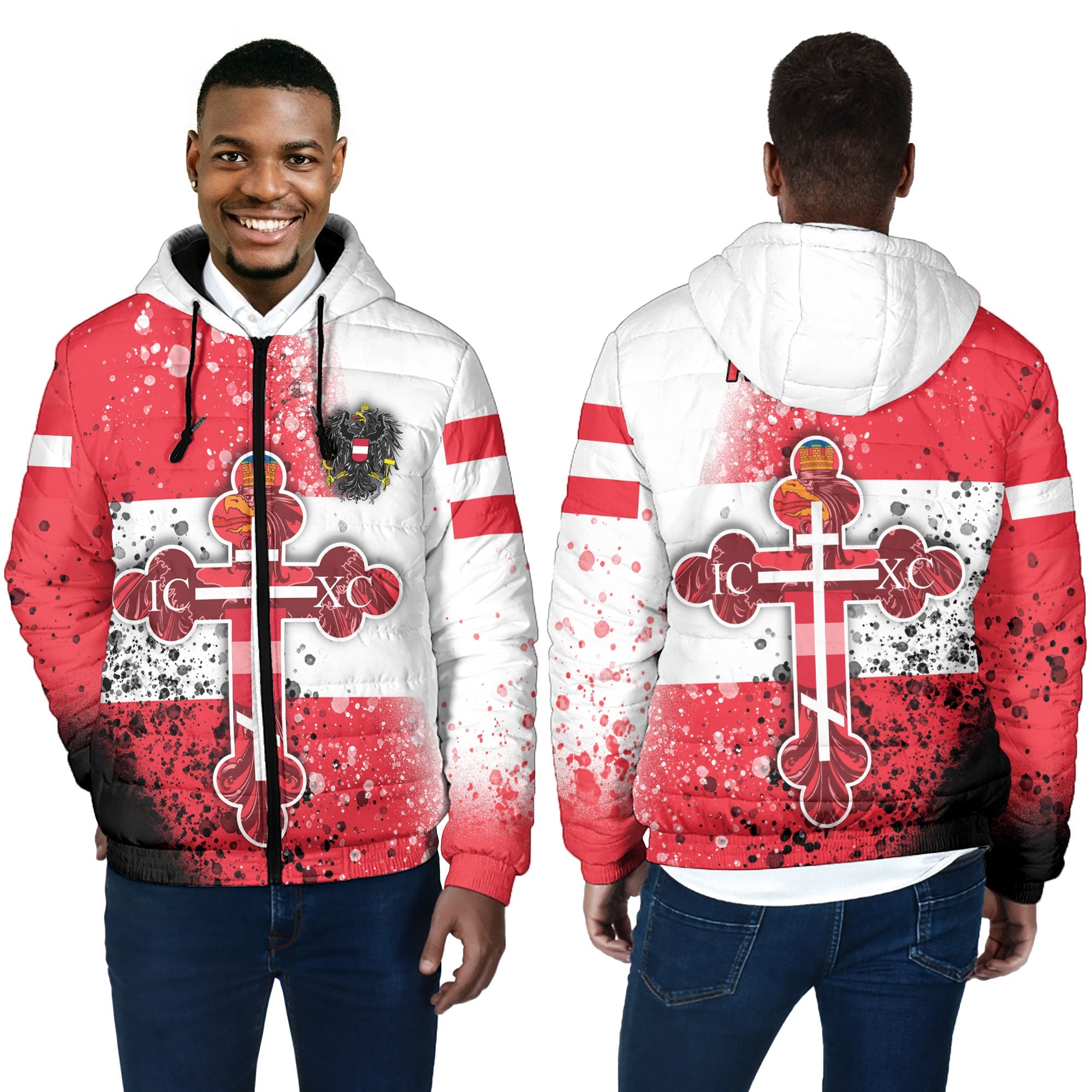 Austria Men Hooded Padded Jacket Flag & Coat Of Arms Orthodox Style