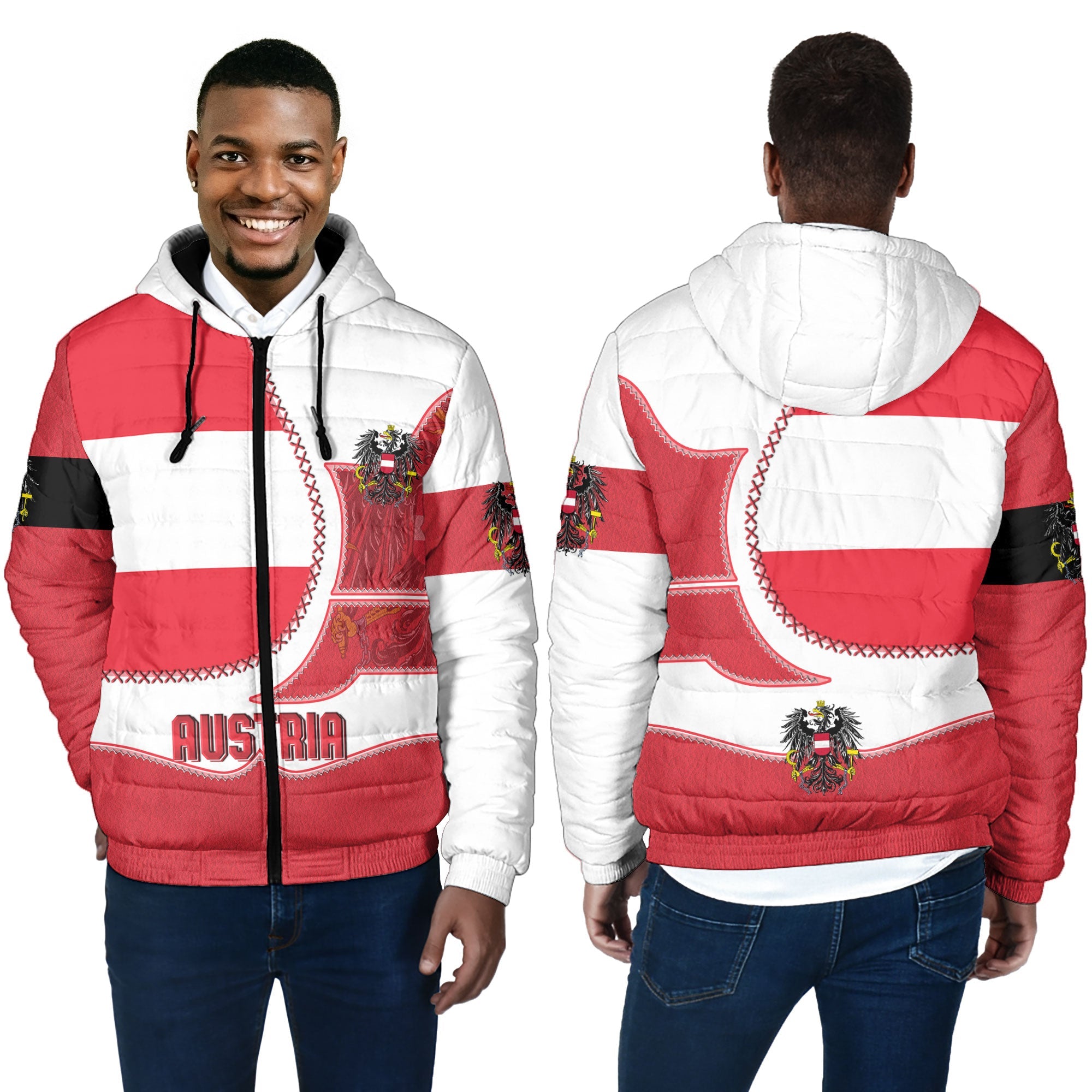 Austria Men Hooded Padded Jacket Flag & Coat Of Arms Leather Style